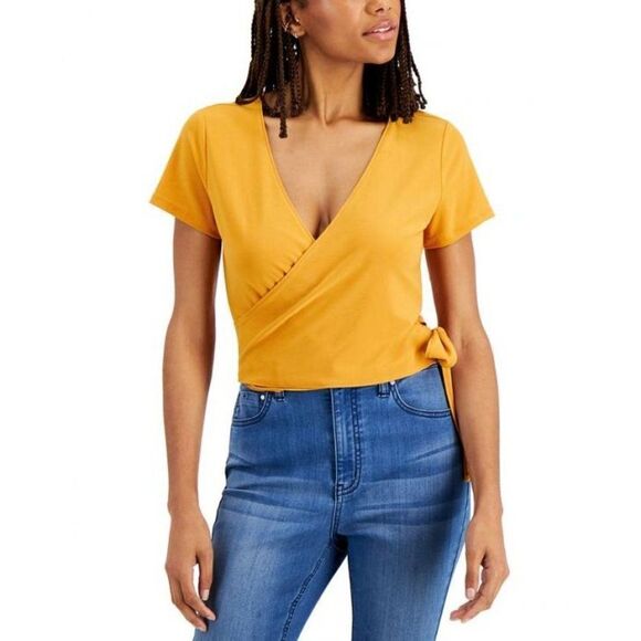 Womens Bar III Marigold Yellow "Desert Sunset" Wrap Side Tie‎ Top sz Large - Picture 2 of 9